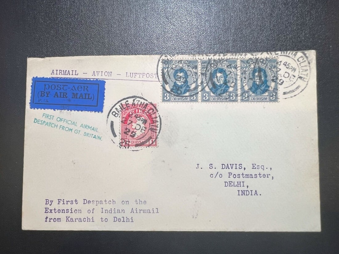 1929 Ireland Irish Airmail Cover Dublin to Delhi India John S Davis Acceptance: 1929 Ireland Irish Airmail Cover Dublin to Delhi India John S Davis Acceptance Place Of Origin: Ireland Quality: Used Grade: Ungraded Certification: Uncertified Pre-Owned The MYNT Guarantee: All items