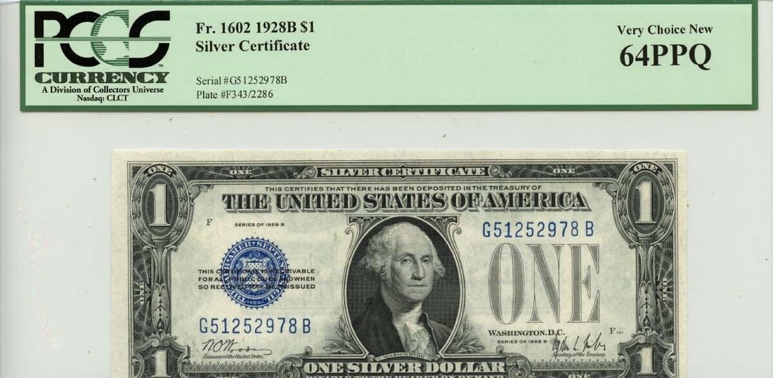 1928B $1 Silver Certificate Blue Seal FR#1602 PCGS CH 64 PPQ: 1928B $1 Silver Certificate Blue Seal FR#1602 PCGS CH 64 PPQ Certification: PCGS Currency Certification Number: 80062833 Grade: MS64 Circulated/Uncirculated: Uncirculated Denomination: Silver Certific
