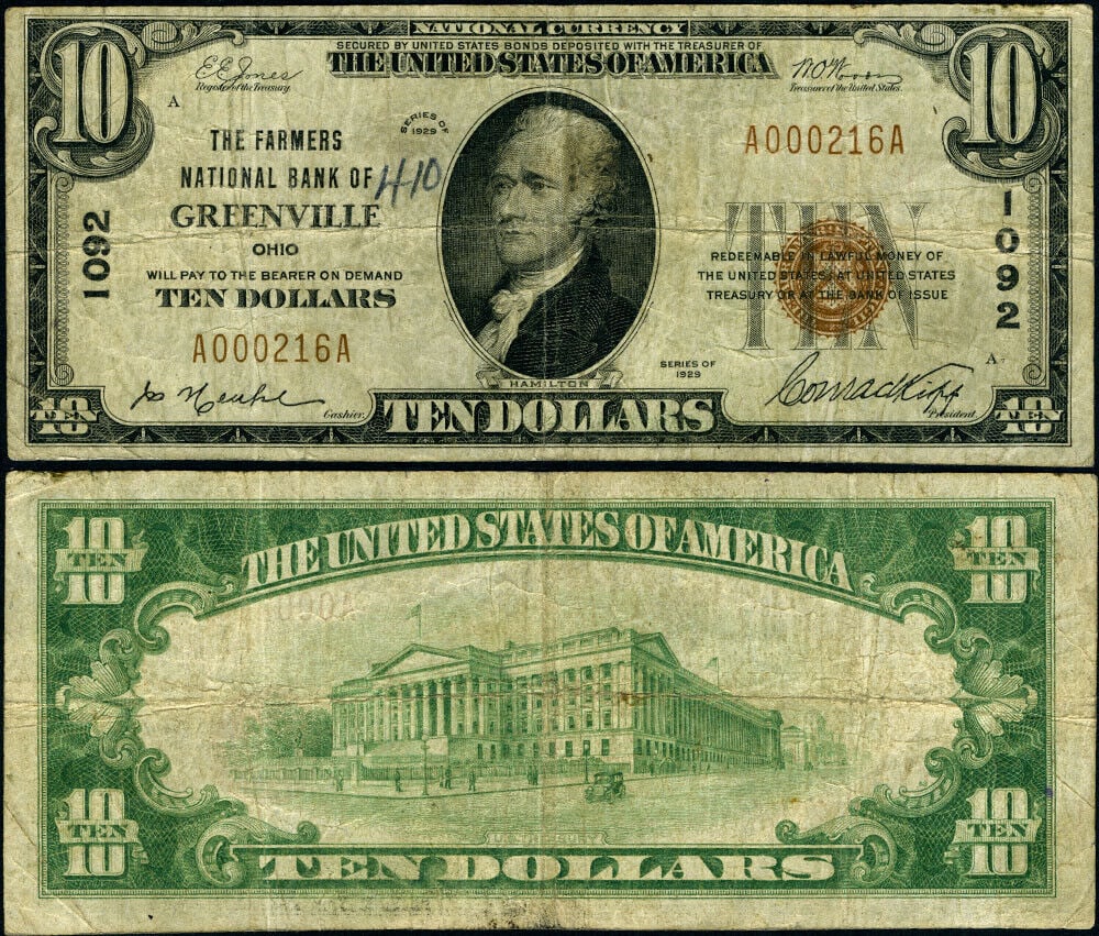 Greenville OH-Ohio $10 1929 T-1 National Bank Note Ch #1092 Farmers NB Fine+: Greenville OH-Ohio $10 1929 T-1 National Bank Note Ch #1092 Farmers NB Fine+ Certification: Uncertified Grade: Fine+ Circulated/Uncirculated: Circulated Denomination: $10 Type: National Bank Note Year