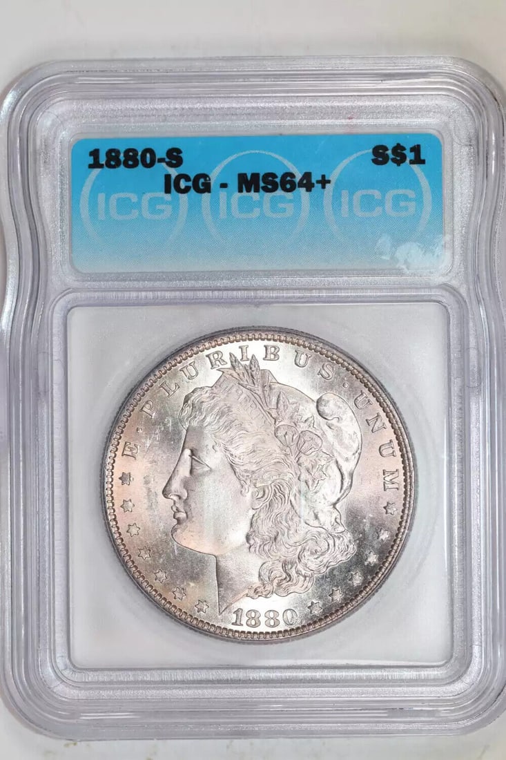 1880-S MORGAN DOLLAR ICG MS64+: 1880-S MORGAN DOLLAR ICG MS64+ Certification: ICG Composition: Silver Grade: MS 64+ Year: 1880 Circulated/Uncirculated: Uncirculated Mint Location: San Francisco Km Number: Unknown Certification Numbe