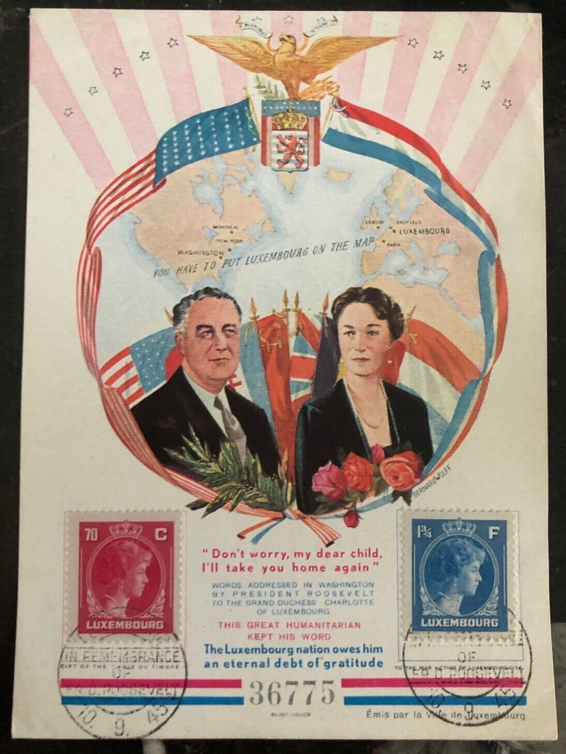 1945 Luxembourg Souvenir Sheet Cover Roosevelt Eternal Gratitude: 1945 Luxembourg Souvenir Sheet Cover Roosevelt Eternal Gratitude Quality: Used Type: Cover Place Of Origin: Luxembourg Grade: Ungraded Certification: Uncertified Pre-Owned The MYNT Guarantee: All item