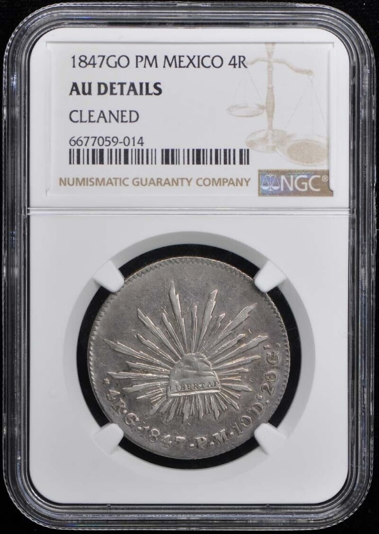 1847 GO PM MEXICO 4R NGC AU Details: 1847 GO PM MEXICO 4R NGC AU Details Circulated/Uncirculated: Uncirculated Year: 1847 Certification: NGC Certification Number: 6677059014 Grade: AU Details Pre-Owned The MYNT Guarantee: All items in th