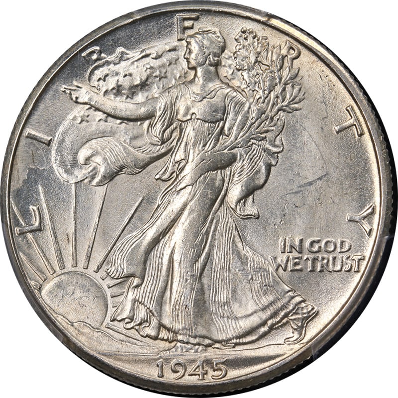 1945-D Walking Liberty Half PCGS MS64: 1945-D Walking Liberty Half PCGS MS64 Certification: PCGS Circulated/Uncirculated: Uncirculated Mint Location: Denver Grade: MS64 Composition: Silver Certification Number: 6625.64/45335670 Year: 1945 