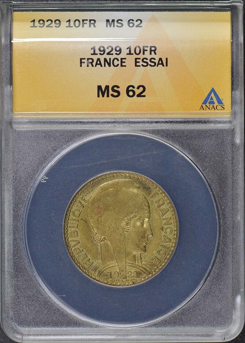 1929 France Essai 10F Maz-2544A ANACS MS62: 1929 France Essai 10F Maz-2544A ANACS MS62 Circulated/Uncirculated: Uncirculated Year: 1929 Certification: ANACS Certification Number: 4471752 Grade: MS62 Pre-Owned The MYNT Guarantee: All items in th