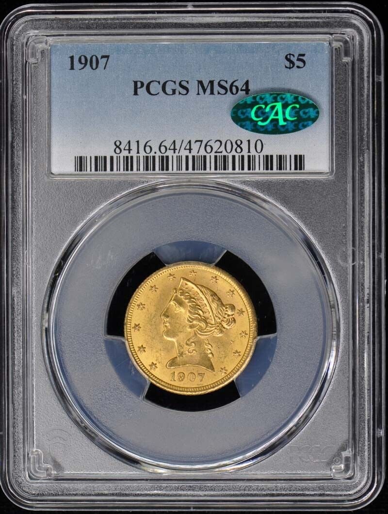 1907 $5 Liberty Head Half Eagle PCGS MS64 (CAC): 1907 $5 Liberty Head Half Eagle PCGS MS64 (CAC) Certification: PCGS Circulated/Uncirculated: Uncirculated Certification Number: 47620810 Grade: MS64 Year: 1907 Mint Location: Philadelphia Designation: