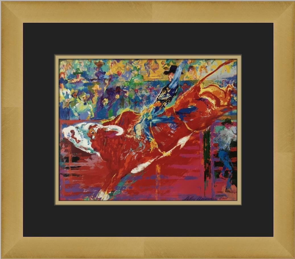 Leroy Neiman Bull Rider on Red Wolf Custom Framed Print: Leroy Neiman Bull Rider on Red Wolf Custom Framed Print Size: Medium (up to 36in.) Region Of Origin: united states Artist: LeRoy Neiman Production Technique: Lithography Framing: Matted & Framed Style