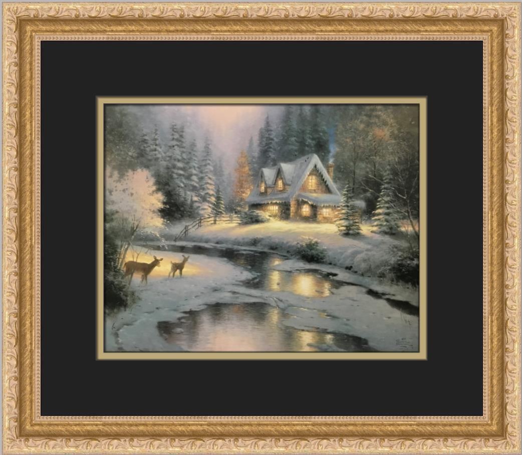 Thomas Kinkade Deer Creek Cottage Custom Framed Print: Thomas Kinkade Deer Creek Cottage Custom Framed Print Size: Medium Region Of Origin: United States Artist: Thomas Kinkade Production Technique: Offset Lithograph Framing: Matted & Framed Style: Americ