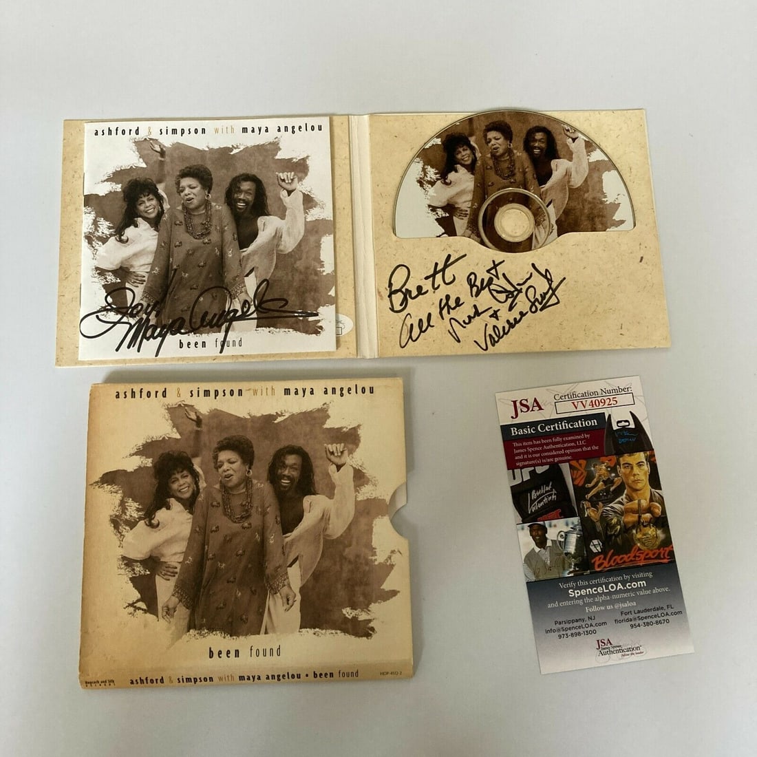 Maya Angelou Signed Ashford & Simpson Music CD With JSA COA: Maya Angelou Signed Ashford & Simpson Music CD With JSA COA Autograph Authentication: James Spence (JSA) Signed: Yes Industry: Music Original/Reproduction: Original Object Type: CD & Booklet Pre-Owned