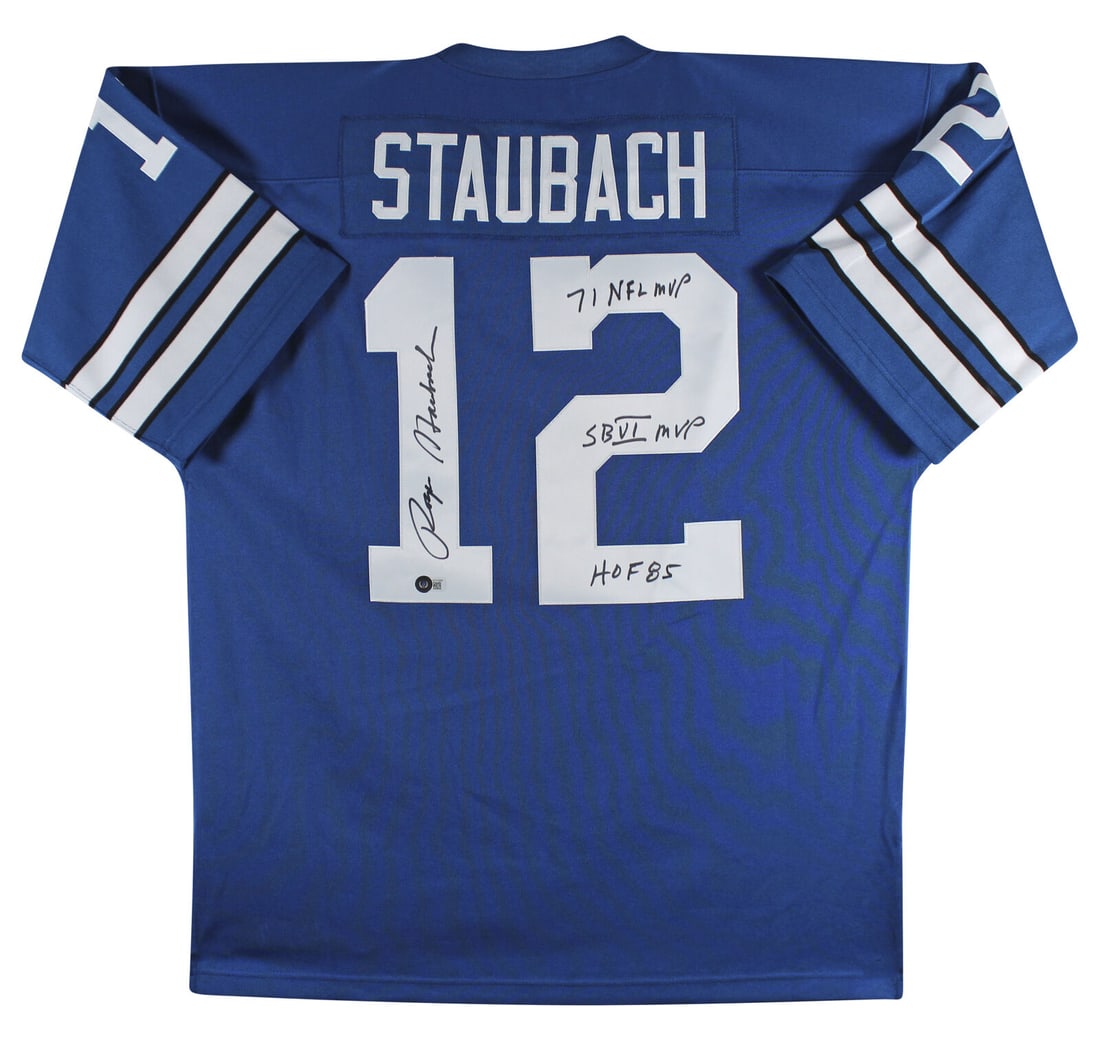 Cowboys Roger Staubach "3x Insc" Signed Blue Throwback M&N Jersey BAS Witnessed: Cowboys Roger Staubach "3x Insc" Signed Blue Throwback M&N Jersey BAS Witnessed Sport: Football Product: Jersey Original/Reprint: Original Player: Roger Staubach Team: Dallas Cowboys Autograph Authent