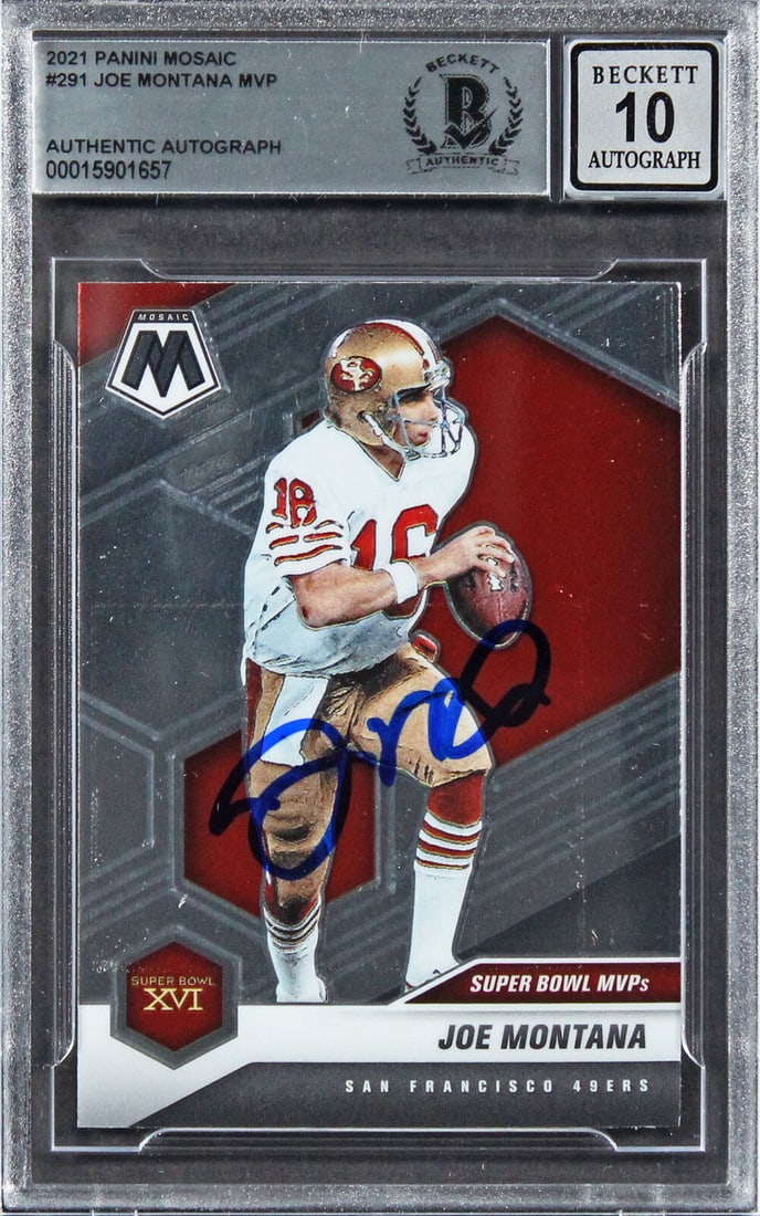 49ers Joe Montana Signed 2021 Panini Mosaic #291 MVP Card Auto 10! BAS Slabbed: 49ers Joe Montana Signed 2021 Panini Mosaic #291 MVP Card Auto 10! BAS Slabbed Player: Joe Montana Card Manufacturer: Panini Grade: Graded Team: San Francisco 49ers Original/Reprint: Original Sport: F