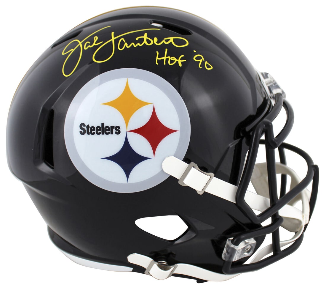 Steelers Jack Lambert "HOF 90" Signed Full Size Speed Rep Helmet BAS Witnessed: Steelers Jack Lambert "HOF 90" Signed Full Size Speed Rep Helmet BAS Witnessed Sport: Football Product: Helmet Original/Reprint: Original Player: Jack Lambert Team: Pittsburgh Steelers Autograph Authe