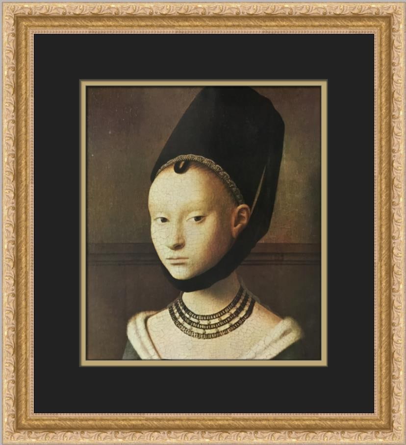 Petrus Christus Portrait of a Young Girl Custom Framed Print: Petrus Christus Portrait of a Young Girl Custom Framed Print Size: Medium Region Of Origin: United States Artist: Petrus Christus Production Technique: Offset Lithograph Framing: Matted & Framed Style