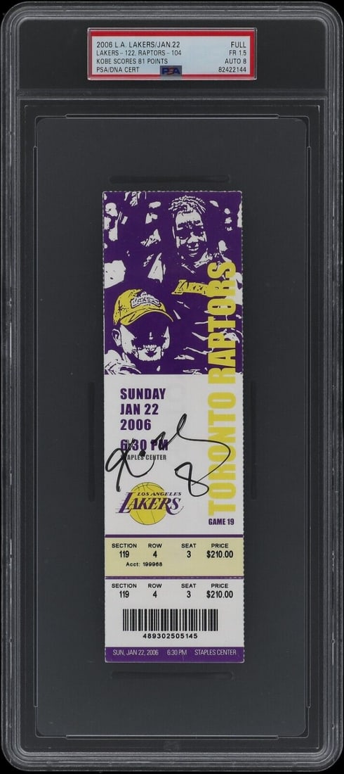 Kobe Bryant Signed 81 Point Full Ticket Jan. 22 2006 PSA DNA NM 8: Kobe Bryant Signed 81 Point Full Ticket Jan. 22 2006 PSA DNA NM 8 Sport: Basketball Player: Kobe Bryant Signed: Yes Original/Reprint: Original Autograph Authentication: Professional Sports Authenticat