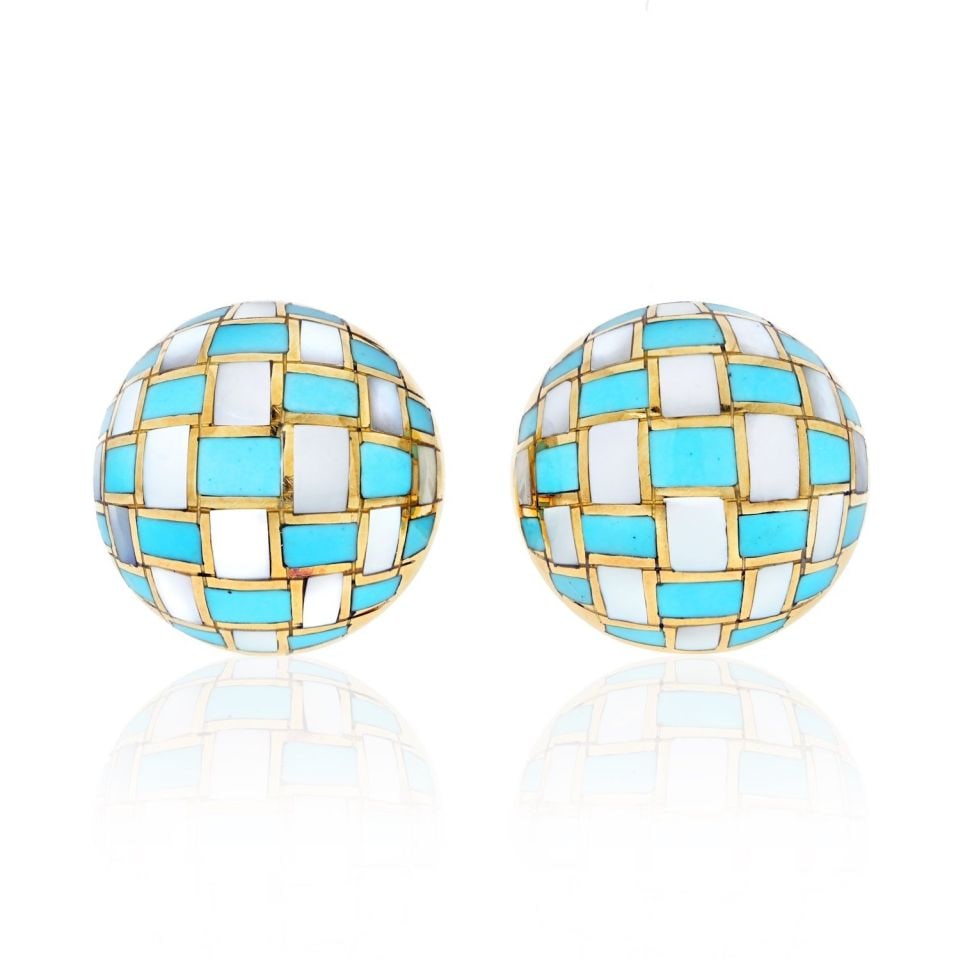 Tiffany & Co. Angela Cummings Checkerboard Mother Of Pearl And Turquoise Earrings: Tiffany & Co. Angela Cummings Checkerboard Mother Of Pearl And Turquoise Earrings Type: Earrings Metal: 18K Yellow Gold Grams: 14.3 Measurements: 0.75 inches wide Condition: Excellent. Signed By: T&Co
