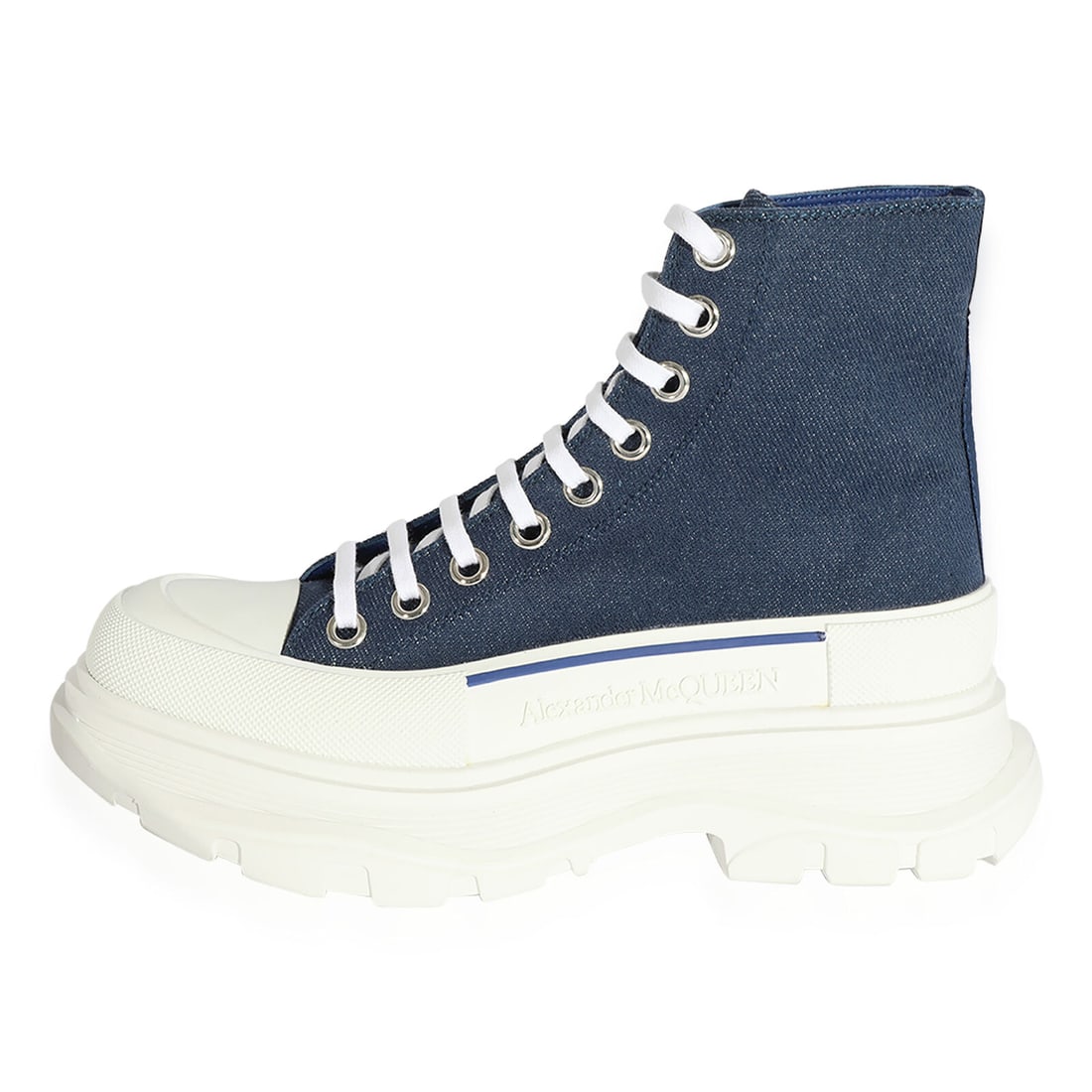 Alexander McQueen Wmns Tread Slick Boots 'Indigo': Alexander McQueen Wmns Tread Slick Boots 'Indigo' Seller Notes: "Brand New No Box." With Original Box/Packaging: No With Papers: No Handbag Accessories: Other Material: Fabric Color: Blue;White "Model