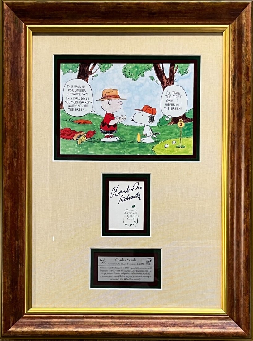 Charles Schulz (Peanuts) signed Augusta Scorecard custom framed display-JSA: Charles Schulz (Peanuts) signed Augusta Scorecard custom framed display-JSA Signed By: Charles Schulz Signed: Yes Autograph Authentication: James Spence (JSA) Original/Reproduction: Original None Whil