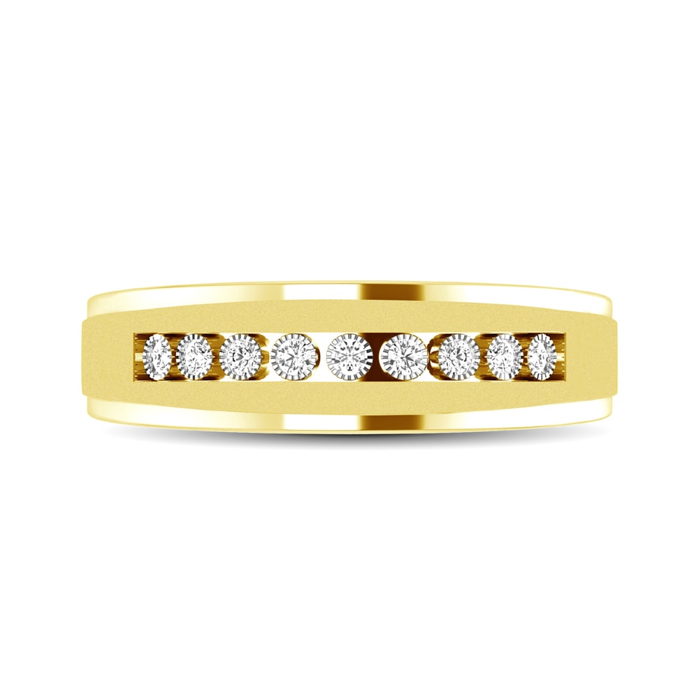 10K Yellow Gold 1/20 Ct.Tw. Diamond Illusion Ladies Band: 10K Yellow Gold 1/20 Ct.Tw. Diamond Illusion Ladies Band Exchange your vows with this stunning 10K yellow gold illusion Ladie's band set with 9 round shape diamonds of totaling 1/20 ctw. Each cha