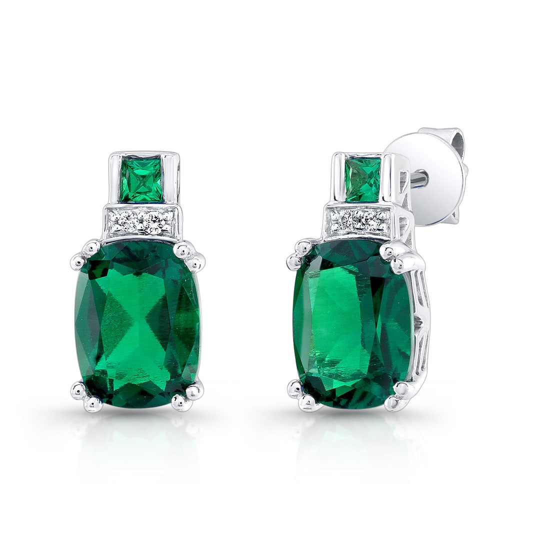 Created Emerald & Diamond In 14kw Earring: Created Emerald & Diamond In 14kw Earring Beautiful 14k White Gold Earrings Set With Exquisite Cushion Shape Created Emeralds Accented With Princess Cut Created Emeralds And Sparkling Diamond Accent S