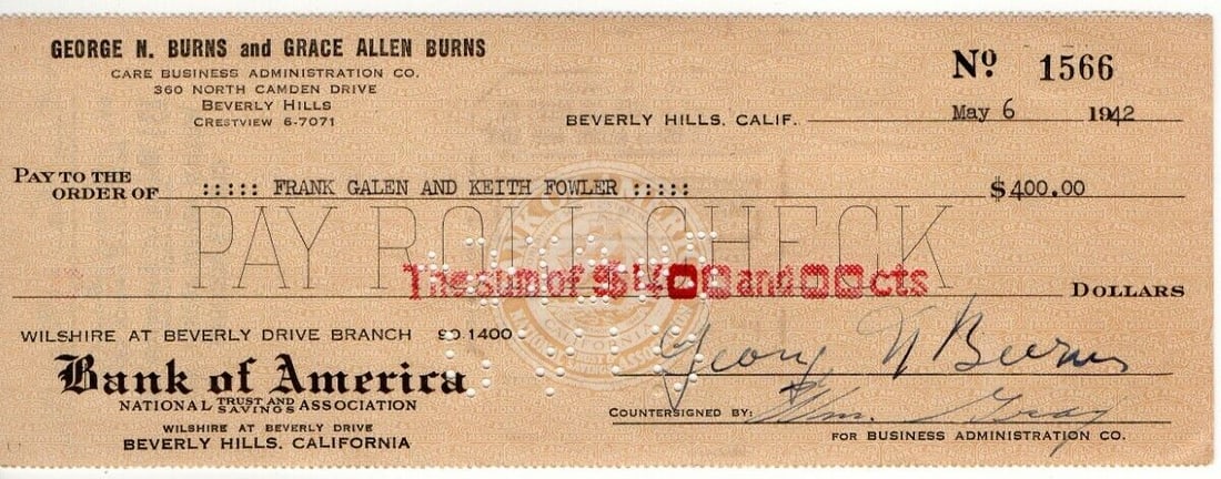 George Burns Signed Autographed Bank Check Comedy Legend 5/6/1942 JSA: George Burns Signed Autographed Bank Check Comedy Legend 5/6/1942 JSA Object Type: Bank Check Industry: Television Original/Reproduction: Original Autograph Authentication: James Spence (JSA) Pre-Owne