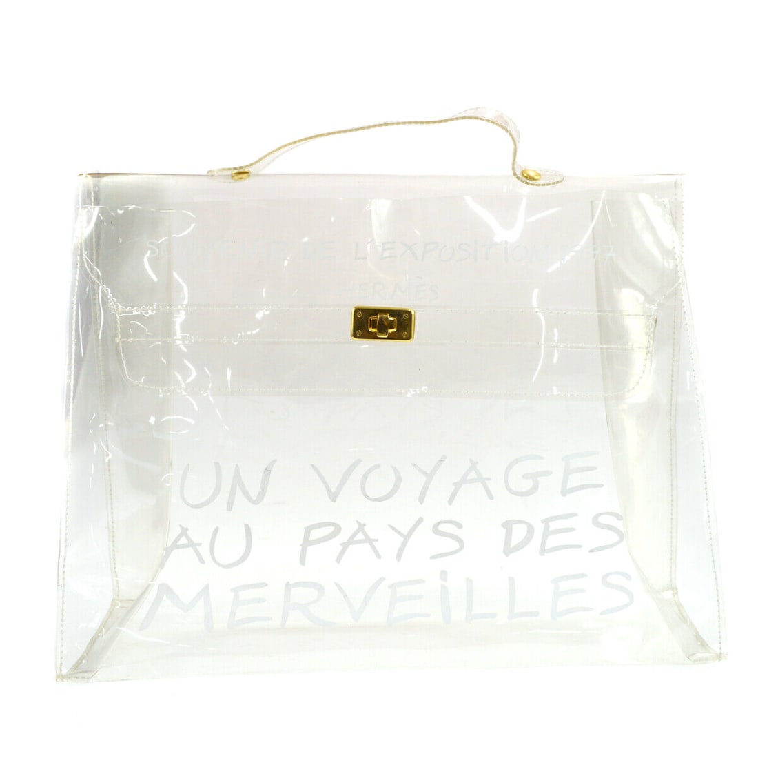 HERMES Vinyl Kelly Beach Handbag Purse SOUVENIR DE LEXPOSITION 1997: HERMES Vinyl Kelly Beach Handbag Purse SOUVENIR DE LEXPOSITION 1997 Exterior Material: Vinyl Style: Satchel/Top Handle Bag Exterior Color: Clear Size: Medium Accents: Logo Bag Height: 12 in Product Li