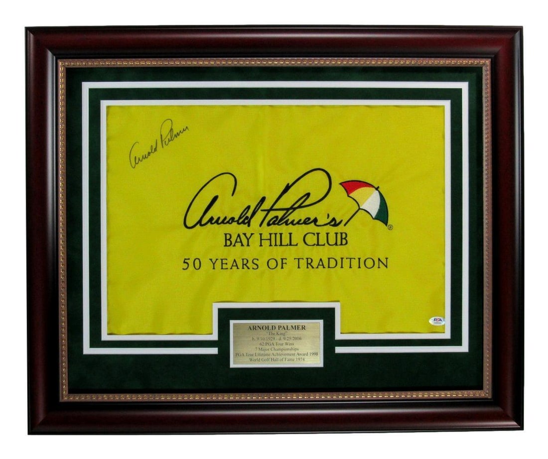 Arnold Palmer Autographed Bay Hill Pin Flag PGA Champion Framed PSA/DNA: Arnold Palmer Autographed Bay Hill Pin Flag PGA Champion Framed PSA/DNA Sport: Golf-PGA Product: Flag Original/Reprint: Original Autograph Authentication: PSA/DNA League: PGA Pre-Owned While the lot i