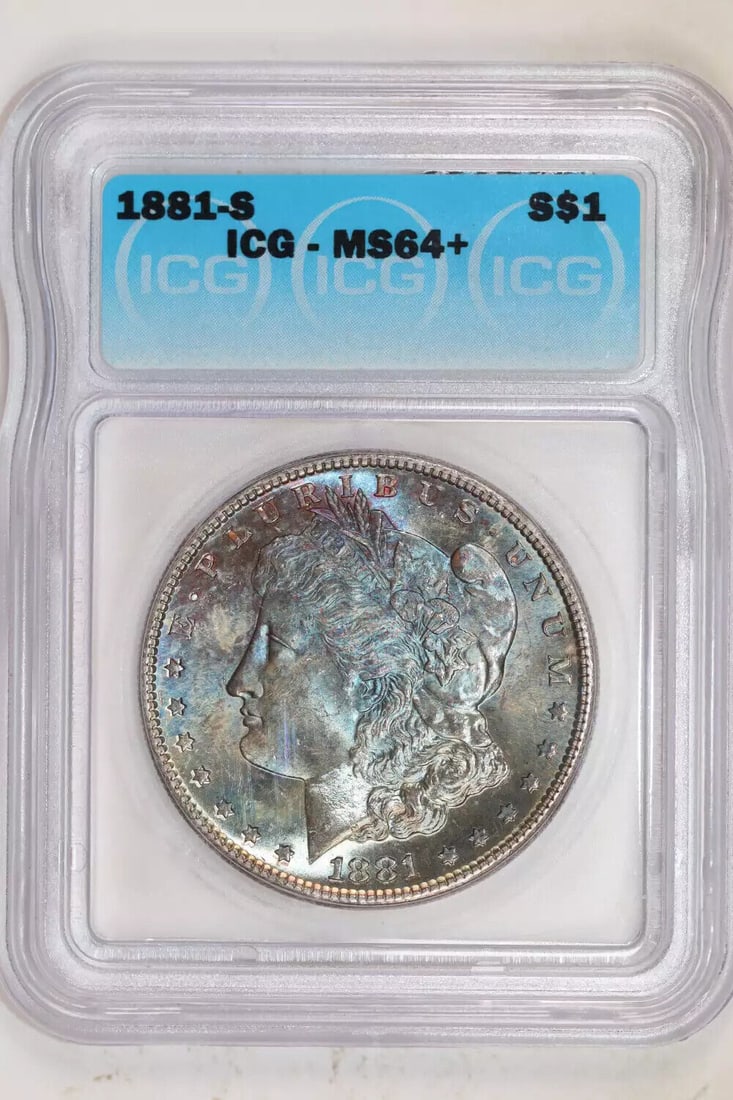 1881-S MORGAN DOLLAR ICG MS64+ MONSTER BLUE/GREEN RAINBOW TONING!: 1881-S MORGAN DOLLAR ICG MS64+ MONSTER BLUE/GREEN RAINBOW TONING! Certification: ICG Composition: Silver Grade: MS 64+ Year: 1881 Circulated/Uncirculated: Uncirculated Mint Location: San Francisco Km 