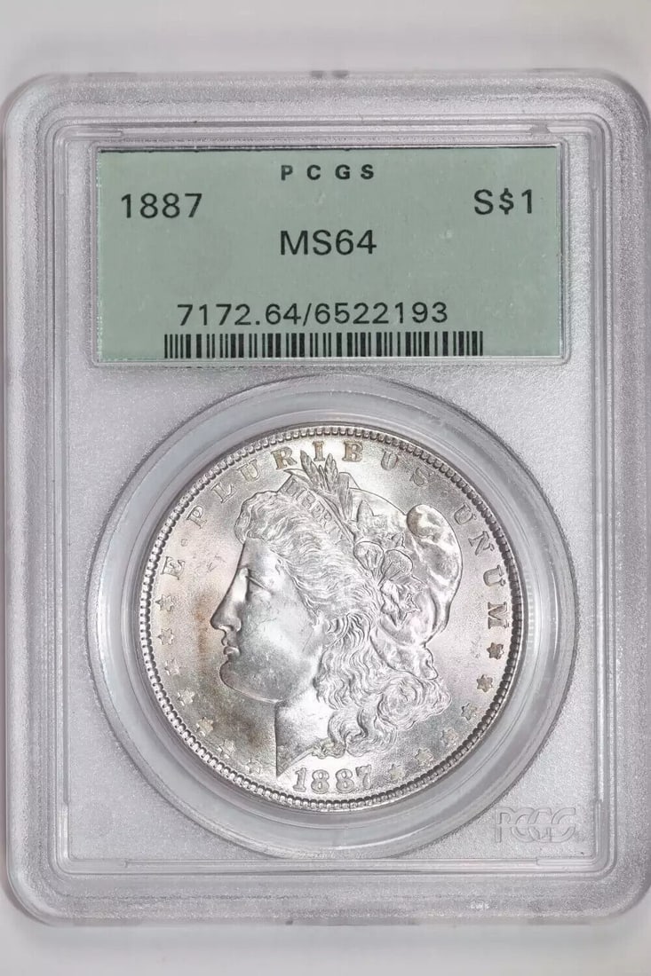1887 MORGAN DOLLAR PCGS MS64 OGH PQ!: 1887 MORGAN DOLLAR PCGS MS64 OGH PQ! Certification: PCGS Composition: Silver Grade: MS 64 Year: 1887 Circulated/Uncirculated: Uncirculated Mint Location: Philadelphia Country: USA Km Number: Unknown C