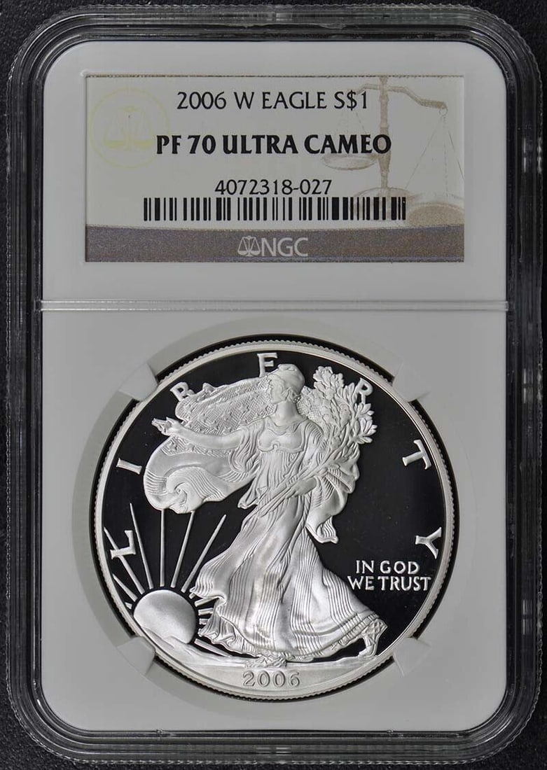 2006 W EAGLE S$1 NGC PR70DCAM: 2006 W EAGLE S$1 NGC PR70DCAM Certification: NGC Grade: PR70 Certification Number: 4072318027 Year: 2006 Pre-Owned The MYNT Guarantee: All items in this auction are guaranteed to be 100% authentic. At