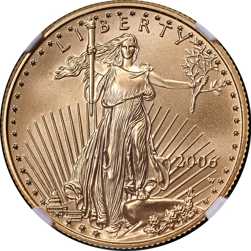 2006-W Gold American Eagle $25 NGC MS69 Burnished Brown Label: 2006-W Gold American Eagle $25 NGC MS69 Burnished Brown Label Certification: NGC Grade: MS69 Certification Number: 6814164-003 Composition: Gold Year: 2006 Fineness: 0.9167 Pre-Owned The MYNT Guarante