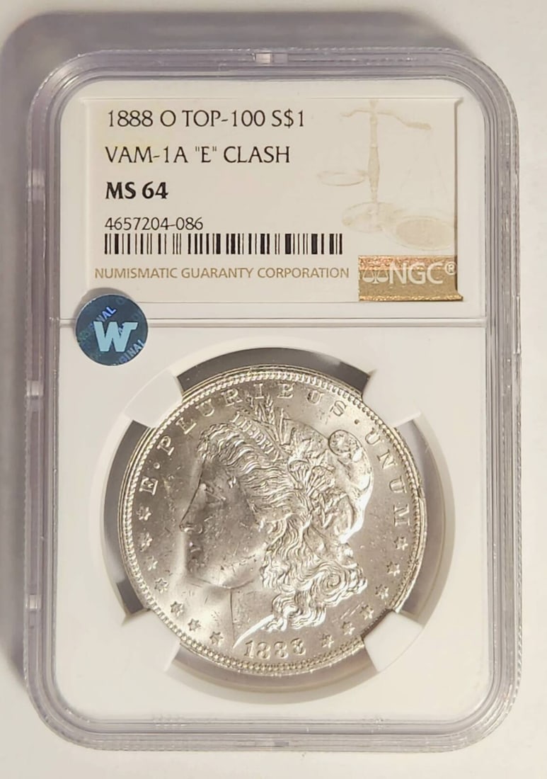 1888 O Morgan Silver Dollar NGC MS-64 VAM-1A "E" CLASH - TOP 100 Sight White: 1888 O Morgan Silver Dollar NGC MS-64 VAM-1A "E" CLASH - TOP 100 Sight White Certification: NGC Composition: Silver Grade: MS 64 Year: 1888 Circulated/Uncirculated: Uncirculated Mint Location: New Orl