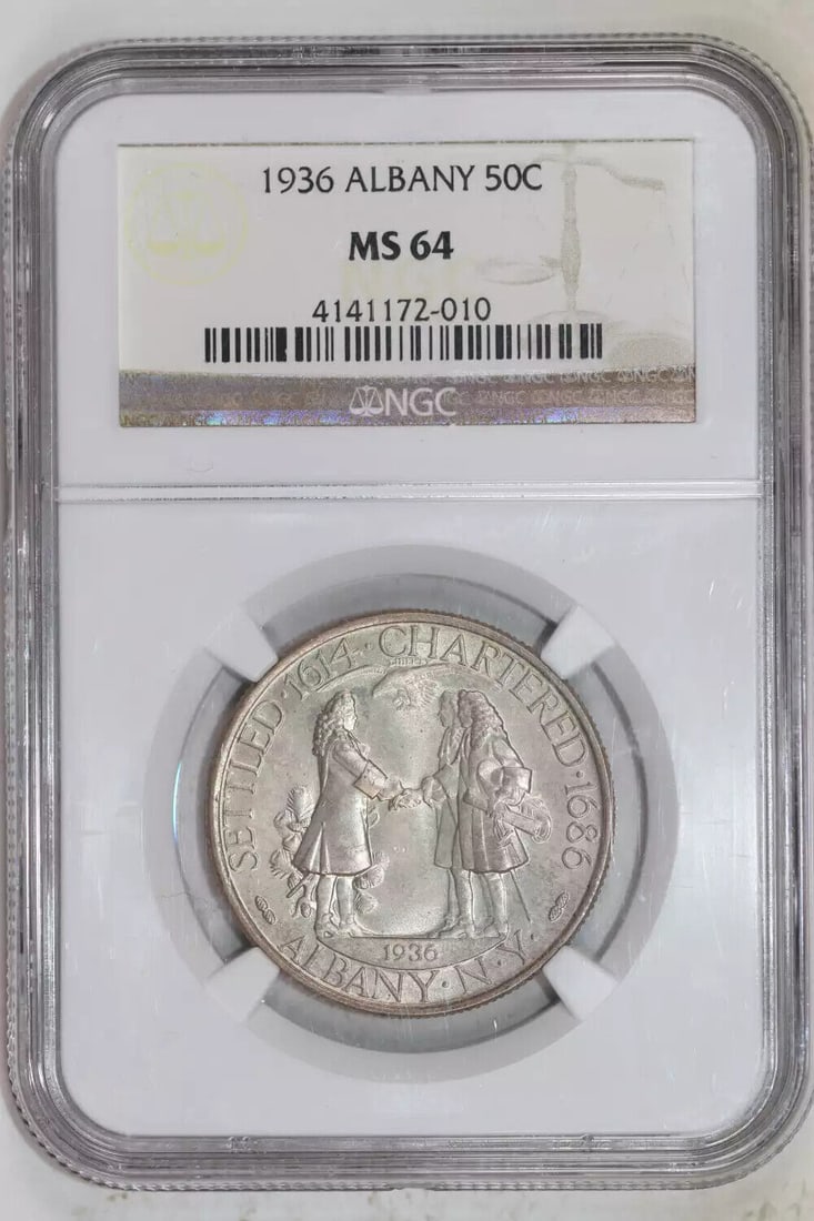 1936 ALBANY SILVER COMMEMORATIVE HALF DOLLAR NGC MS64: 1936 ALBANY SILVER COMMEMORATIVE HALF DOLLAR NGC MS64 Certification: NGC Composition: Silver Grade: MS 64 Year: 1936 Circulated/Uncirculated: Uncirculated Mint Location: Philadelphia Km Number: Unknow