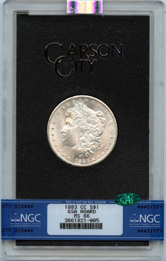 1883-CC Morgan Dollar GSA HOARD S$1 NGC MS66 (CAC): 1883-CC Morgan Dollar GSA HOARD S$1 NGC MS66 (CAC) Certification: NGC Certification Number: 3661821005 Grade: MS66 Year: 1883 Circulated/Uncirculated: Uncirculated Mint Location: Carson City Designati