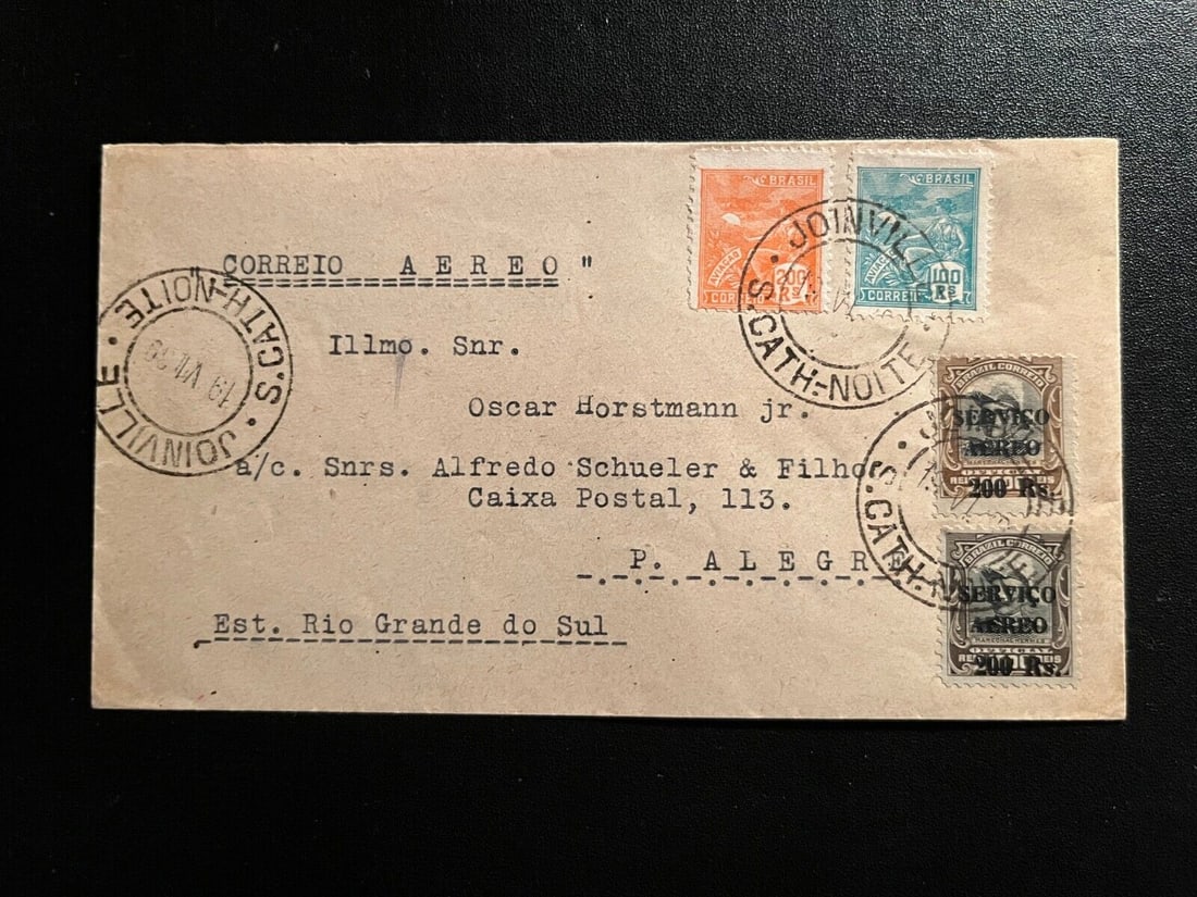 1930 Brazil Airmail Cover Joinville to Porto Alegre Oscar Horstmann Jr 2: 1930 Brazil Airmail Cover Joinville to Porto Alegre Oscar Horstmann Jr 2 Place Of Origin: Brazil Quality: Used Grade: Ungraded Certification: Uncertified Pre-Owned The MYNT Guarantee: All items in thi