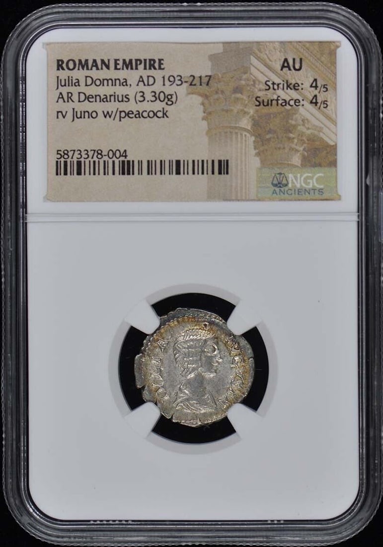 Julia Domna AD 193-217 ROMAN EMPIRE AR Denarius NGC AU50: Julia Domna AD 193-217 ROMAN EMPIRE AR Denarius NGC AU50 Certification: NGC Grade: AU50 Certification Number: 5873378004 Denomination: Ancient Roman Date: NONE Pre-Owned The MYNT Guarantee: All items 