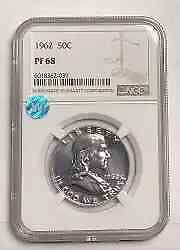 1962 P NGC PF-68 Half Dollar Franklin Sight White: 1962 P NGC PF-68 Half Dollar Franklin Sight White Certification: NGC Composition: Silver Grade: PF 68 Year: 1962 Circulated/Uncirculated: Uncirculated Strike Type: Proof Mint Location: Philadelphia Km
