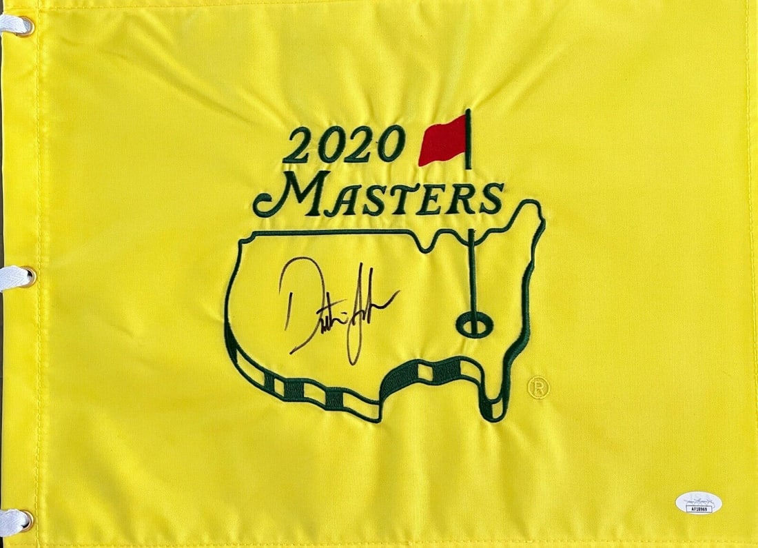 Dustin Johnson signed 2020 Masters Pin Flag-JSA AF18969: Dustin Johnson signed 2020 Masters Pin Flag-JSA AF18969 Player: Dustin Johnson Sport: Golf-PGA Signed: Yes Autograph Authentication: James Spence Authentication (JSA) Original/Reprint: Original Produc
