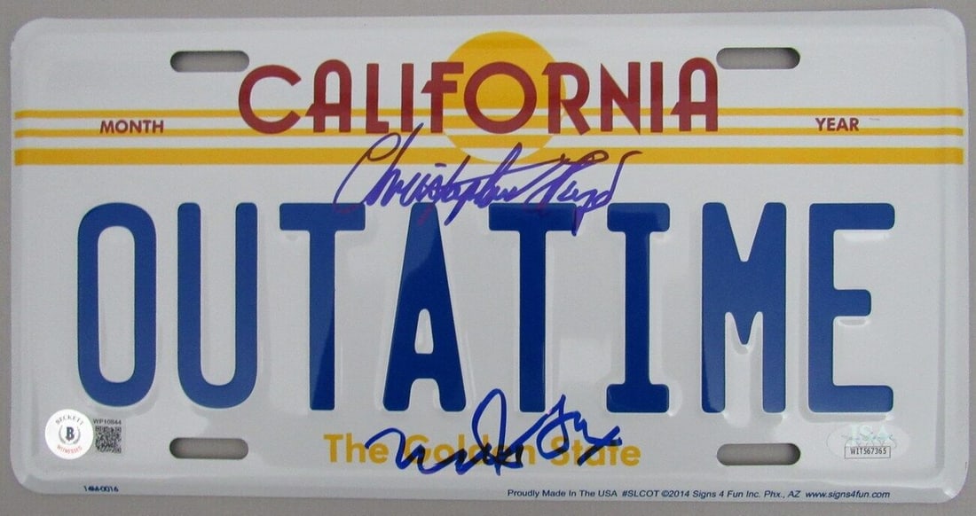 Michael J Fox/Christopher Lloyd Signed Back to Future License Plate BAS 162923: Michael J Fox/Christopher Lloyd Signed Back to Future License Plate BAS 162923 Industry: Movies Original/Reproduction: Original Autograph Authentication: BAS/Beckett Pre-Owned While the lot images are