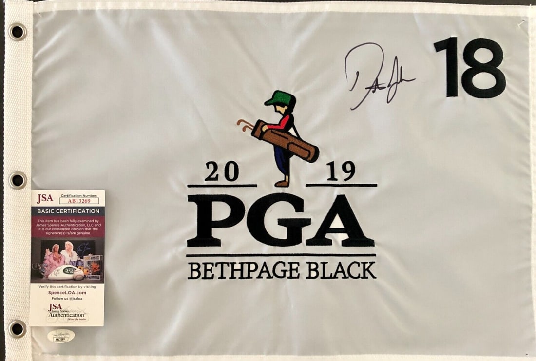 DUSTIN JOHNSON signed 2019 PGA BETHPAGE BLACK: DUSTIN JOHNSON signed 2019 PGA BETHPAGE BLACK Player: Dustin Johnson Sport: Golf-PGA Signed: Yes Autograph Authentication: James Spence Authentication (JSA) Original/Reprint: Original Product: Flag Ev