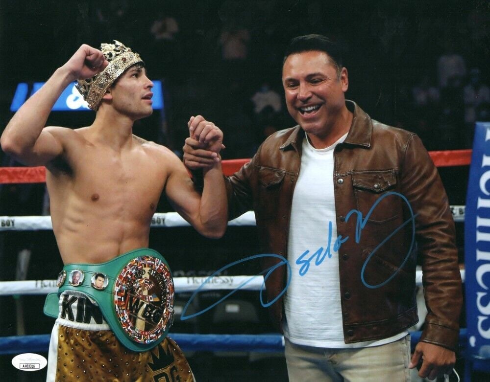 Oscar De La Hoya Signed Autograph 11X14 Photo Leather Jacket in Ring JSA AH03316: Oscar De La Hoya Signed Autograph 11X14 Photo Leather Jacket in Ring JSA AH03316 Sport: Boxing Product: Photo Original/Reprint: Original Player: Oscar De La Hoya Autograph Authentication: James Spence