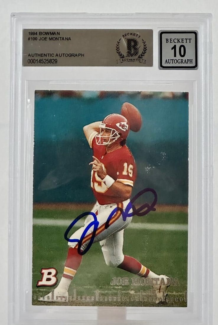 1994 Bowman #100 Joe Montana Auto Kansas City Chiefs BAS Autograph 10: 1994 Bowman #100 Joe Montana Auto Kansas City Chiefs BAS Autograph 10 Graded: No Sport: Football Player/Athlete: Joe Montana Season: 1994 Features: Autograph Manufacturer: Certified Set: 1994 Certifie