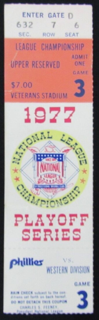 1977 NLCS Game 3 Phillies vs. Dodgers Ticket Stub: 1977 NLCS Game 3 Phillies vs. Dodgers Ticket Stub Sport: Baseball Product: Ticket Stub Original/Reprint: Original Team: Philadelphia Phillies Autograph Authentication: Seller League: MLB Pre-Owned Whi