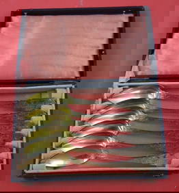 French .800 Silver Grapefruit Spoon Set 6pc 5 3/4" Vermeil Engine Turned in Box (1 of 5)