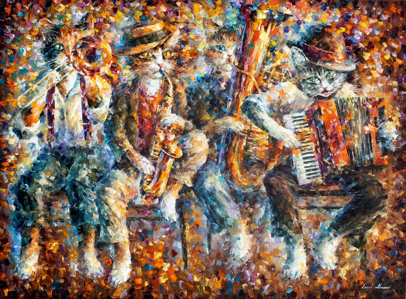 FESTIVE CATS - Original Oil Painting By Leonid Afremov: FESTIVE CATS - Original Oil Painting By Leonid AfremovThis is an original oil painting by Leonid Afremov. This is a unique one-of-a-kind piece. It is made with high-quality oil paint on top of 100% li