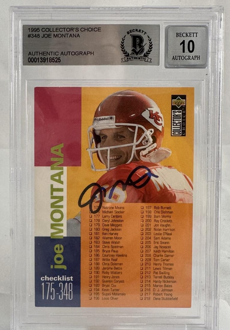 1995 Collectors Choice #348 Joe Montana Auto Kansas Chiefs BAS Autograph 10: 1995 Collectors Choice #348 Joe Montana Auto Kansas Chiefs BAS Autograph 10 Graded: No Sport: Football Player/Athlete: Joe Montana Manufacturer: Collector's Choice Features: Autograph Season: 1995