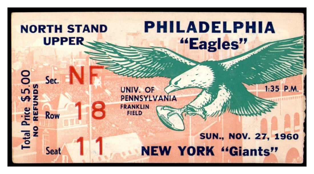 1960 New York Giants @ Philidelphia Eagles Football Ticket: 1960 New York Giants @ Philidelphia Eagles Football Ticket Sport: Football Year: 1960 Original/Reproduction: Original Team: Giants/Eagles Country/Region of Manufacture: United States Pre-Owned While t
