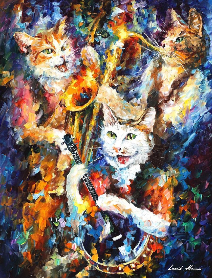 Happy Jamming Cats - Limited Edition 1/25 by Leonid Afremov: Happy Jamming Cats - Limited Edition 1/25 by Leonid AfremovThis is a limited edition giclee hand-painted by Leonid Afremov. This is the first giclee of a small edition of 25 paintings. The rest of the