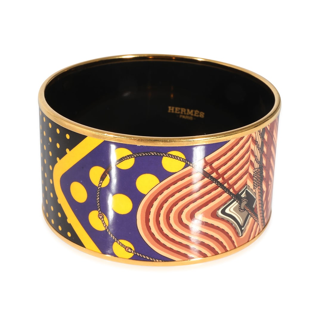 Hermes Gold Plated Clic Clac a Pois Extra Wide Enamel Bangle (62MM): Hermes Gold Plated Clic Clac a Pois Extra Wide Enamel Bangle (62MM) Side Stone Type: No Stone With Original Box/Packaging: No With Papers: No Gross Weight (Grams): 66.56 Collection: Enamel Type: Bangl