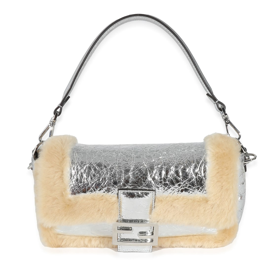 Fendi Craquele Silver Sheepskin Medium Iconic Baguette Bag: Fendi Craquele Silver Sheepskin Medium Iconic Baguette Bag Dimensions: 10.6 x 6.5 x 3 Handbag Accessories: Additional Strap;Dustbag;Removable Straps Bag Width: 10.6 in Bag Depth: 3 in Bag Height: 6.5 