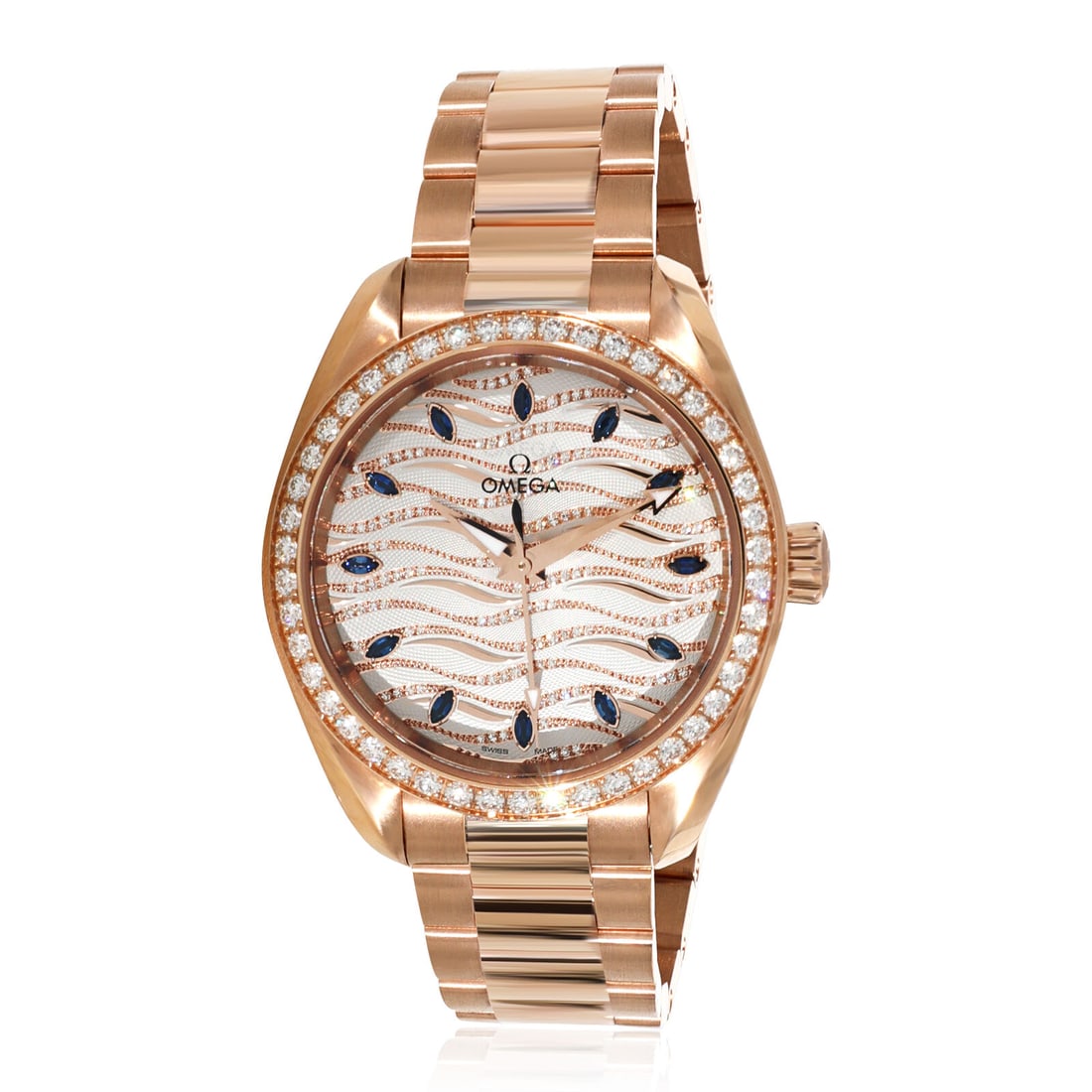 Omega Seamaster Aqua Terra 220.55.34.20.99.005 Unisex Watch in 18kt Rose Gold: Omega Seamaster Aqua Terra 220.55.34.20.99.005 Unisex Watch in 18kt Rose Gold Case Height (Mm): 11.00 Bezel Type: Diamond Case Size: 34 Crystal: Sapphire Clasp/Buckle Type: Butterfly Band Length (Inch