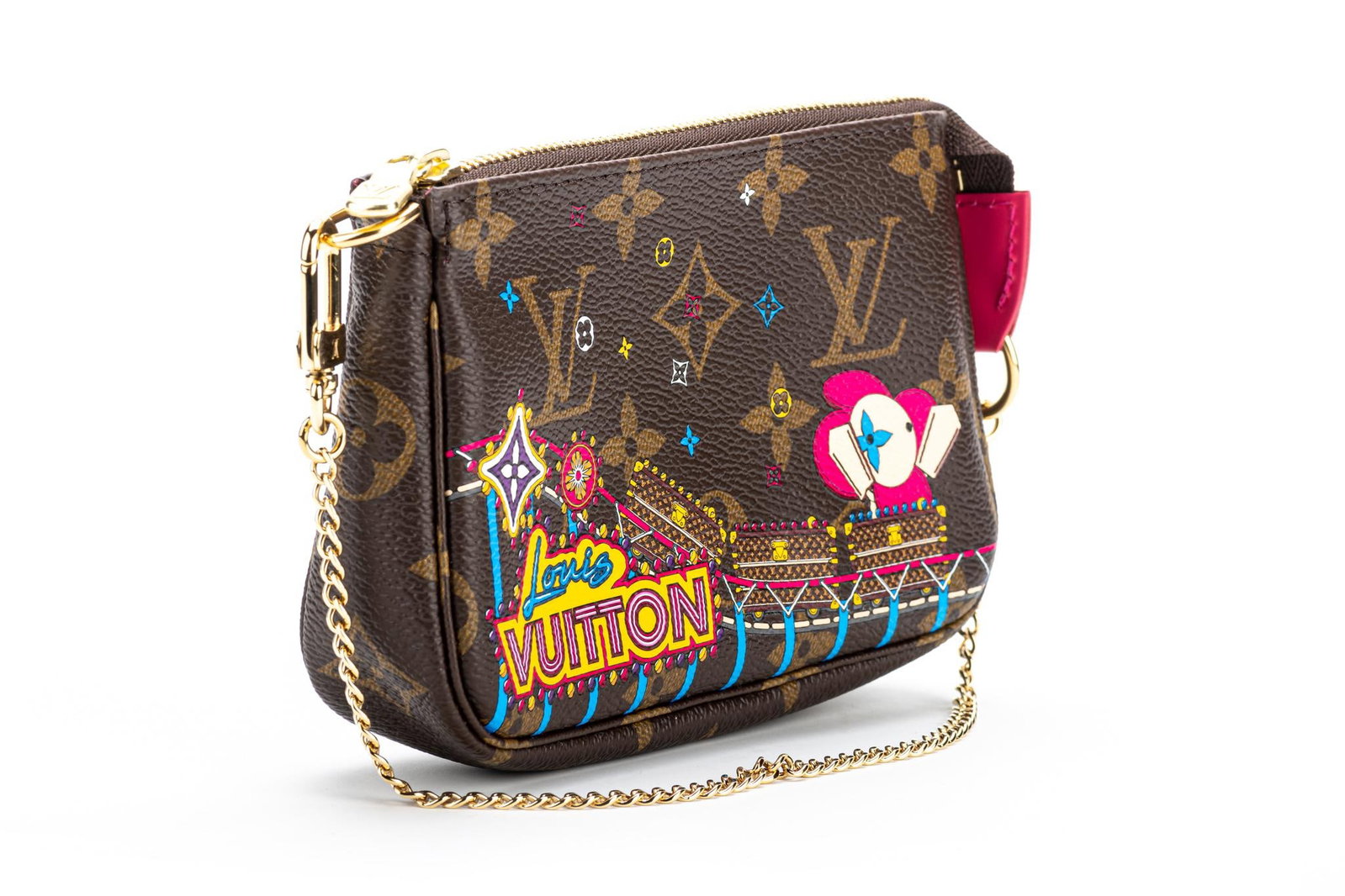 New Louis Vuitton Luna Park Christmas 20 Pochette Bag: New Louis Vuitton Luna Park Christmas 20 Pochette Bag Designer: Louis Vuitton Brand: Louis Vuitton Dimensions: Height: 3.75 in (9.53 cm)Width: 1.25 in (3.18 cm)Length: 5.75 in (14.61 cm) Place of Orig